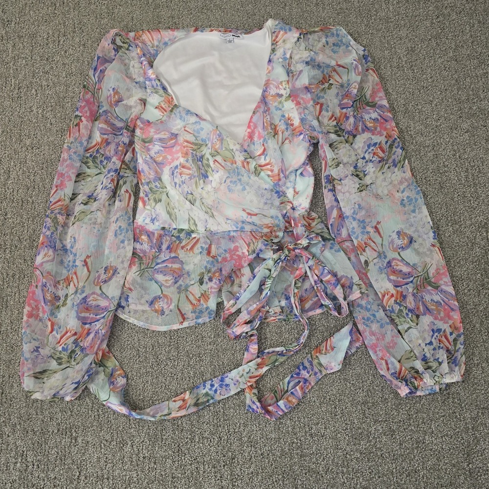 Fashion Nova Pastel Floral Wrap Blouse Puff Sleeve Coquette Romantic Size L